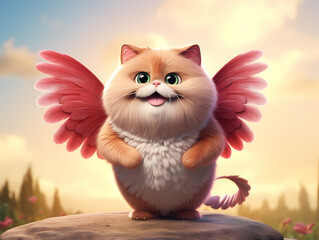 Adorable fluffy ginger cat with pink wings standing on a rock during a golden sunset whimsical fantasy digital art of a happy angelic kitten with green eyes and soft fur in a dreamy landscape