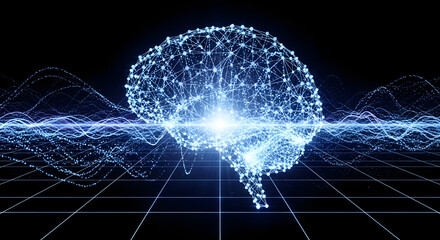Obraz premium Digital brain network with glowing connections, AI neuroscience and futuristic technology background for innovation concepts