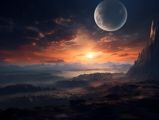 Cinematic alien planet landscape featuring a massive moon in a dark blue sky above a vibrant orange sunset over misty mountain peaks and rugged rocky terrain in a sci-fi fantasy world