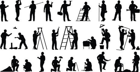 Construction workers silhouettes set with builders using tools ladders and equipment, professional labor team isolated on white background © Tanjimul