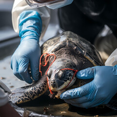 Sea turtle rescue operation with veterinarian hands in blue gloves removing red plastic netting from an injured marine animal for wildlife conservation and environmental protection