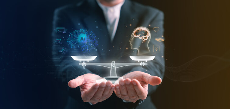 Businessman holding a balanced scale between artificial intelligence and human mind, symbolizing ethical AI, decision making, and responsible technology integration in modern business and society.