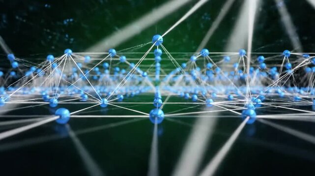 A network of interconnected nodes and lines in shades of blue and white, set against a dark green background