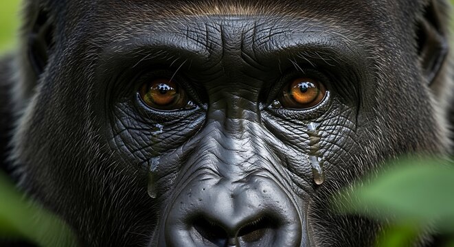 A powerful close-up of a gorilla's eyes, highlighting the emotional impact of World Wildlife Day and the need for conservation efforts