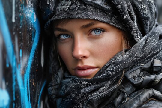 Striking portrait of a woman with piercing blue eyes and a bold scarf against a vibrant background