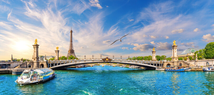 Front panorama of Alexandre III Bridge with Eiffel Tower and tour Boats on the Seine River, Paris, France