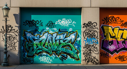 Exterior scene with colorful graffiti on garage doors, contrasting bright tones, representing urban art, street culture, and public expression in a city space