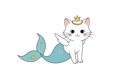 Fototapeta premium Whimsical fantasy character of a cute white cat designed as a mermaid with pink wings and a golden crown on its head.