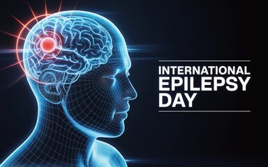 Fototapeta premium International Epilepsy Day concept showing glowing brain seizure activity illustration.