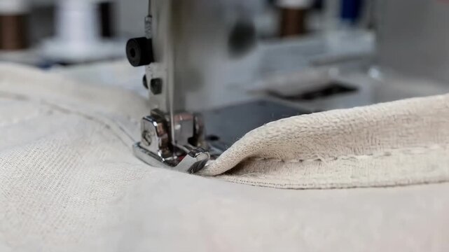 Closeup of automated blind hem machine stitching fabric edges with precision showcasing seamless garment finishing in textile manufacturing environment.
