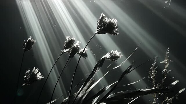 Black and White Underwater Flora with Light Rays and Textured Plants