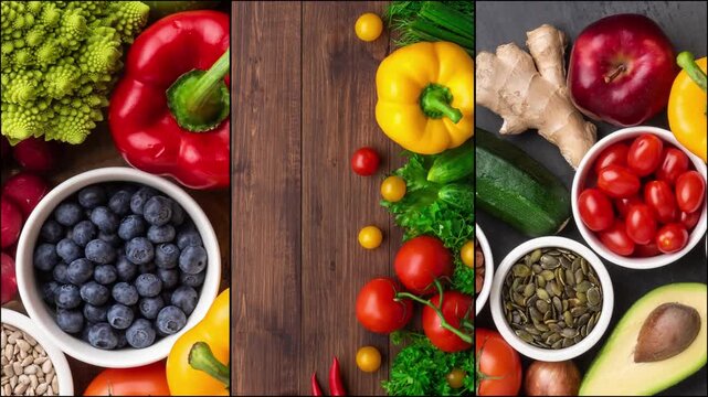 Healthy eating ingredients: fresh vegetables, fruits and superfood. Nutrition, diet, vegan food concept.