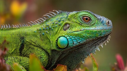Obraz premium Vibrant green iguana showcasing intricate scale patterns and mesmerizing eye detail, capturing the exotic beauty of tropical reptilian wildlife in stunning macro photography
