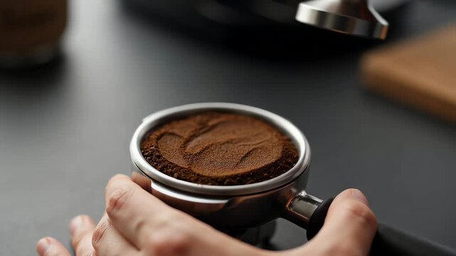 Hands tamping coffee grounds in a portafilter white background