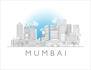 Obraz premium Mumbai skyline, India. Urban cityscape with landmarks and monuments. Hand drawn line art digital skyline illustration.