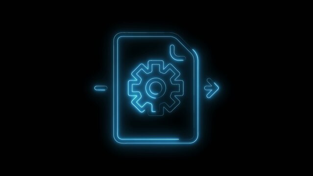 Blue Neon Gear and Document Icon on Black Background cogwheel settings