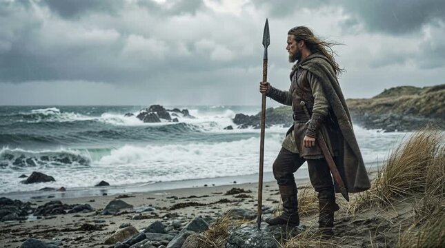Bearded Viking warrior holding a spear standing on a stormy coast