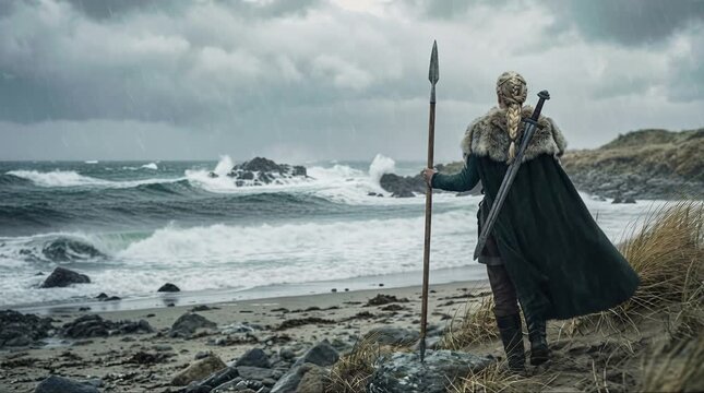 Viking warrior with a spear standing on a rocky shore and watching the stormy sea