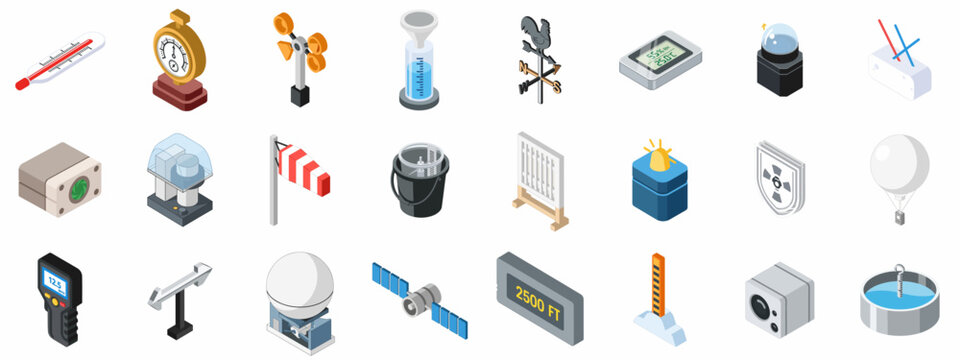 Isometric set of weather station equipment and meteorological instruments including thermometer, anemometer, rain gauge, radar, and weather balloon.