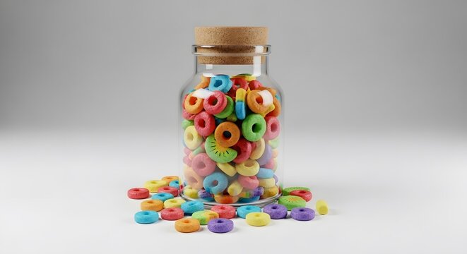 Colorful froot loops cereal in a glass jar with cork lid