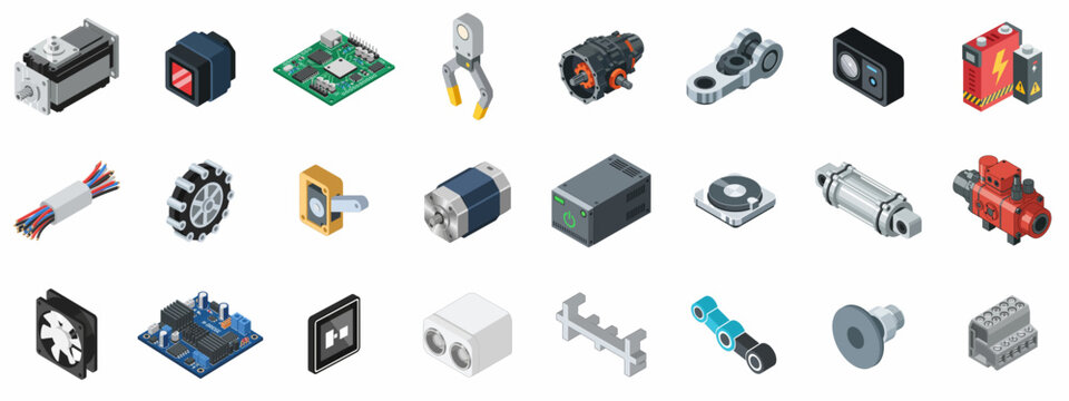 Isometric Icons of Industrial Automation and Robotics Components: Collection featuring Motors, Sensors, PCBs, Grippers, Actuators, and Mechanical Engineering Parts.