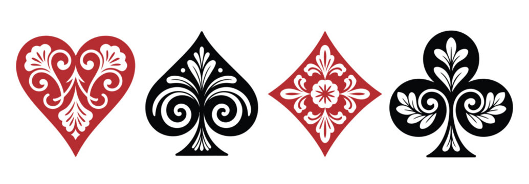 Ornate playing card suits with floral decorative patterns featuring hearts, spades, diamonds, and clubs, luxury casino design elements on black background for gambling, poker, and card game 