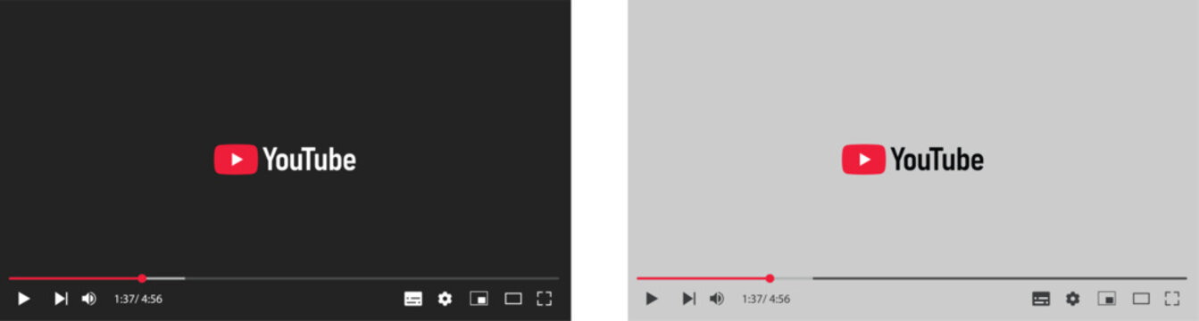 YouTube Video Player Interface Template Set. Dark and Light Mode Media Player Screen Mockups with Play Button Progress Bar and Control Icons for Video Streaming UI Design