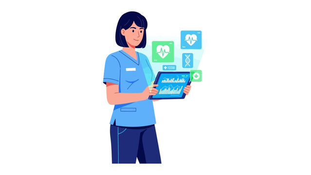 Medical Professional with Modern Tablet: A skilled medical professional, stands confidently, her gaze focused on a modern tablet displaying vital health data.