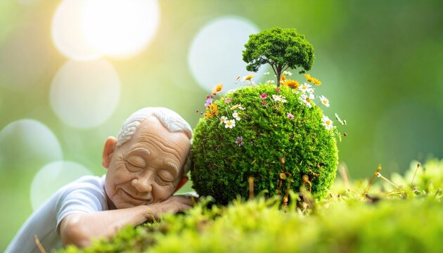 Peaceful elderly figure rests beside miniature green planet with tree.