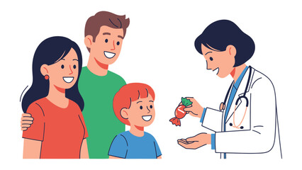 Fototapeta premium Doctor's Delight: A pediatrician interacting with a cheerful family, offering a candy as a gesture of kindness and care. Capturing a moment of trust and comfort in a medical environment.