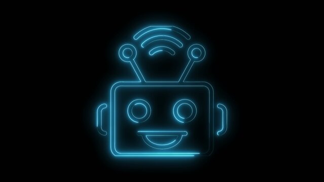 Neon friendly robot face with wifi signal on icon black background artificial intelligence