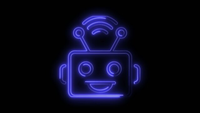 Neon friendly robot face with wifi signal on icon black background artificial intelligence
