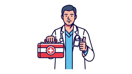 Doctor with First Aid Kit and Medicine: A doctor confidently holds a first aid kit and medicine, showcasing expertise and compassion in the medical field.