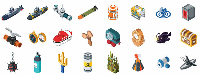 Isometric Underwater Exploration and Submarine Icon Set. Deep Sea Technology, Naval Weapons, Diving Gear, and Marine Environment Objects. © Asep