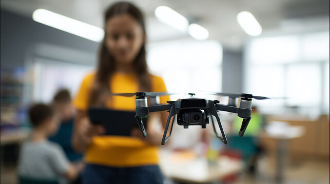 Quadcopter drone hovering indoors with student controlling it by tablet, modern STEM education scene, technology training, robotics practice and innovation in classroom environment