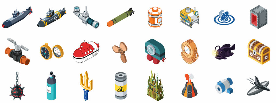 Isometric Underwater Exploration and Submarine Icon Set. Deep Sea Technology, Naval Weapons, Diving Gear, and Marine Environment Objects.