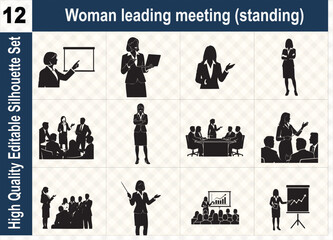 Silhouette set of a professional woman leading a business meeting while standing, representing leadership, coaching, and female empowerment in office.