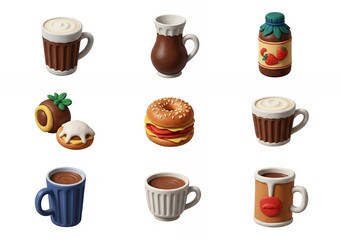 Obraz premium Whimsical Clay Art Food and Beverage Set Charming Coffee Mugs Snacks Jam