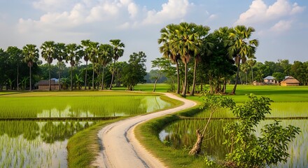 Serene rural landscape with winding dirt road through green fields