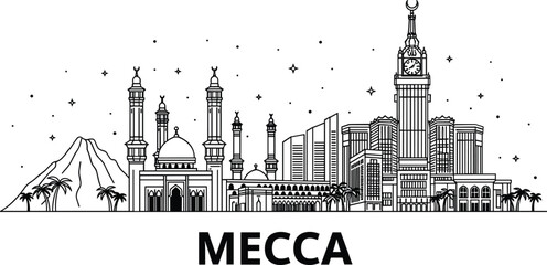 Black and white of Mecca cityscape with mosques and skyscrapers palm trees © Shamim creative 