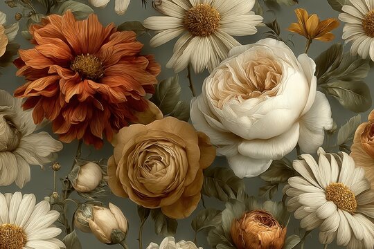 Elegant, chic seamless pattern of vintage flowers in earthy tones, including burnt orange and olive green roses and daisies