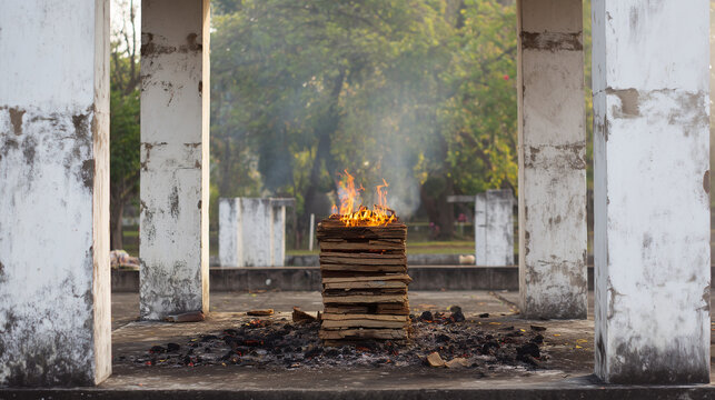 Sacred fire burning on stacked wood inside an abandoned concrete structure, atmospheric ritual scene with smoke, symmetry, spirituality, ceremony and cultural tradition concept
