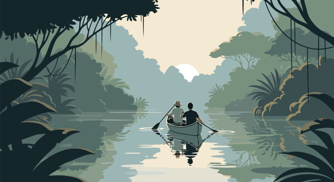 Two people in a canoe paddling on a calm river in a lush jungle