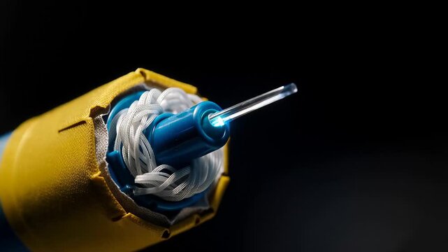 Close view of a pen with blue ink and white string showing the tip and inner mechanisms in a dark setting