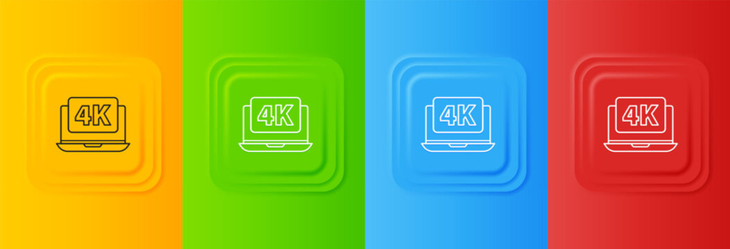 White Laptop screen with 4k video technology icon isolated on colorful background. Set icons in square buttons. Vector