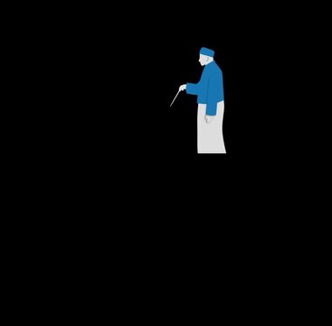 Wise old man in traditional blue attire, gracefully leading with a slender stick