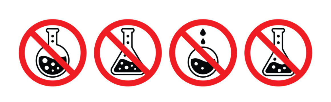 No chemical symbol icon set with prohibition laboratory flask sign, hazard warning chemistry vector illustration isolated on white background for safety regulations, dangerous substances alerts, 