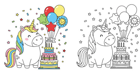 Cute unicorn with birthday cake and balloons. Vector illustration of happy magic animal for coloring book. Cartoon character set isolated on white background. © SHOHAG