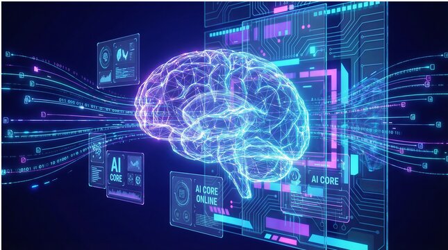 Futuristic digital brain with neon blue and purple circuitry and data visualization.