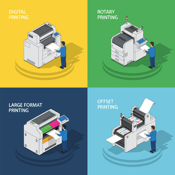 Isometric printing machines set showing digital, rotary, offset and large format printing